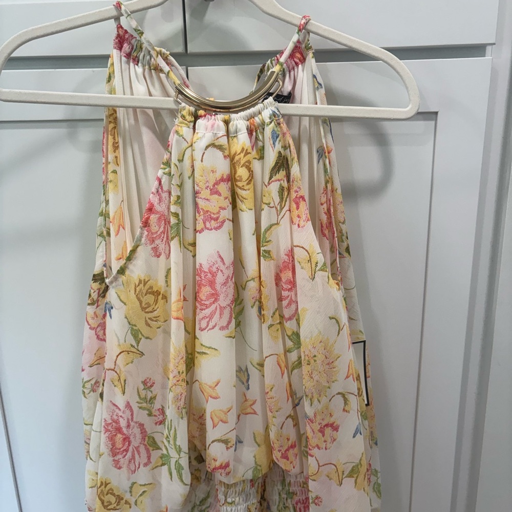 Floral Halter Blouse with Gold Accent - Cream/Pink/Yellow